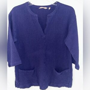 Soft Surroundings womens Blue Gauze Tunic Pockets 3/4 Sleeve 100% Cotton size XS